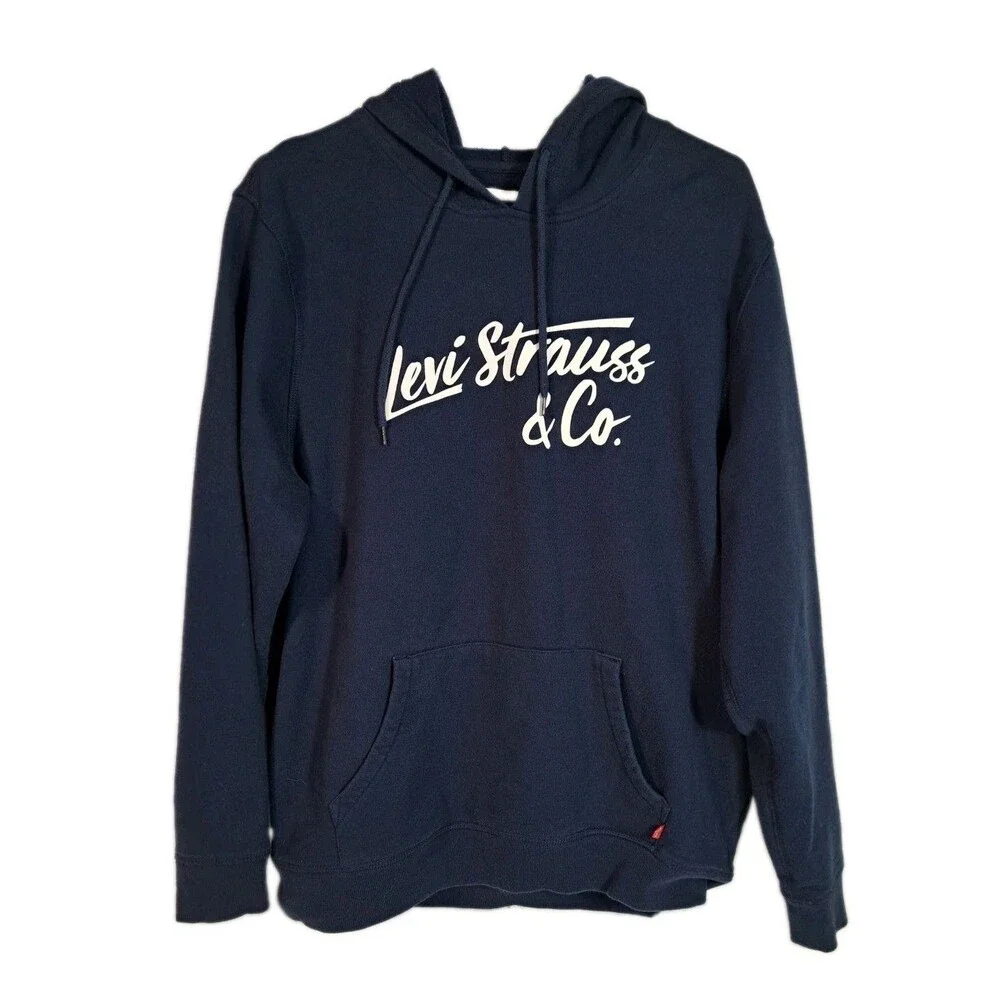 Levi Strauss & Co Hoodie Men Unisex Sz Large Sweatshirt Graphic Script Navy Blue